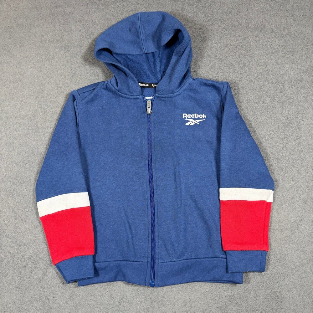 Reebok Hoodie Zip Up Boys Size 5 Blue Colorblock Fleece Logo